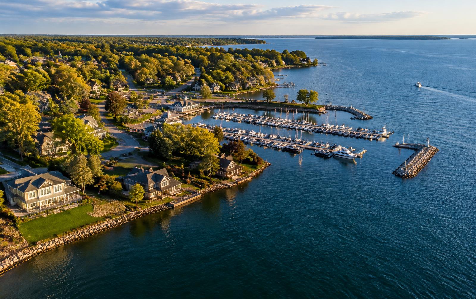 Aerial view of a Lake Simcoe waterfront community and marina