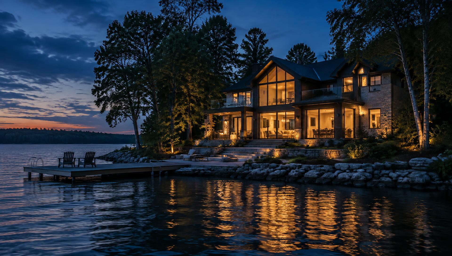 Contemporary Lake Simcoe waterfront home illuminated at dusk